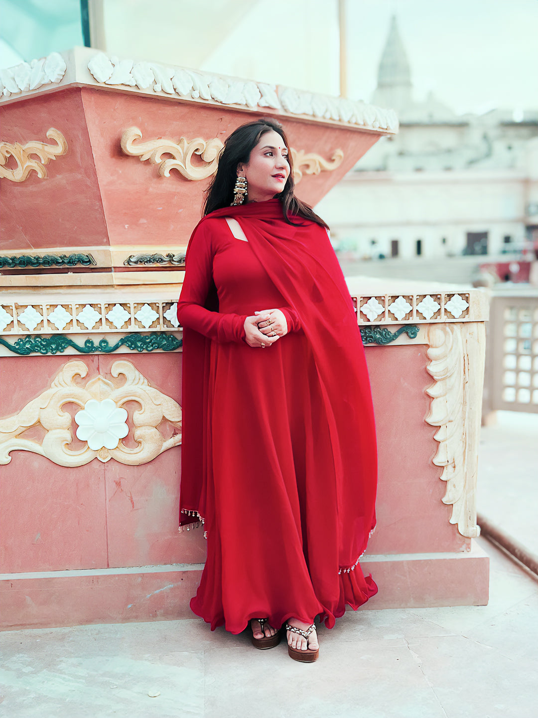 Georgette Crimson Rani Anarkali Gown with Dupatta – Bold Ethnic Festive (S–5XL)