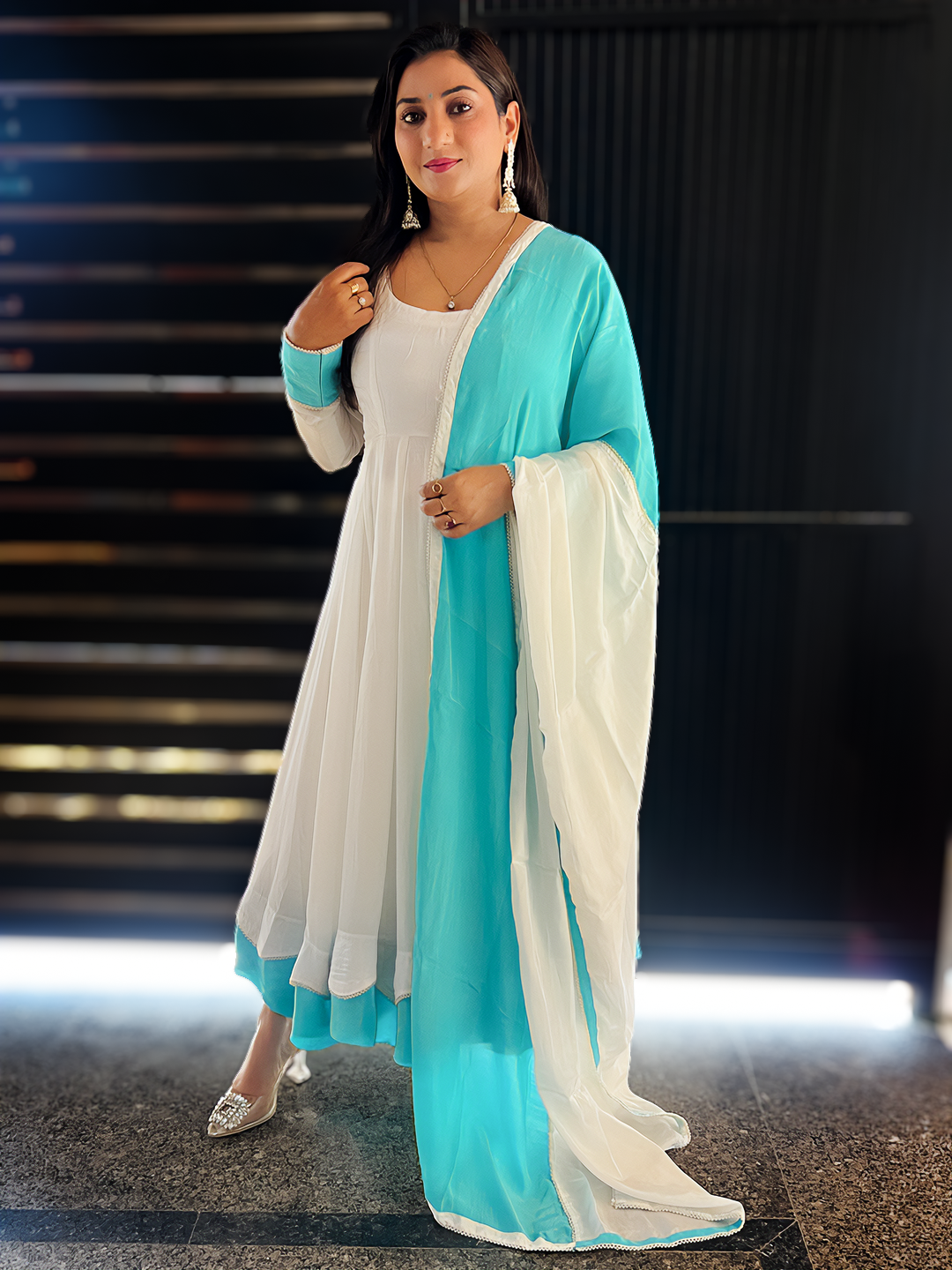 Regal Vanilla & Cyan Contrast Festive Anarkali Suit Set – Bold Ethnic Festive (S–5XL)