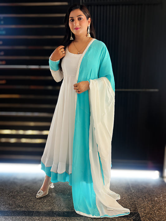 Regal Vanilla & Cyan Contrast Festive Anarkali Suit Set – Bold Ethnic Festive (S–5XL)