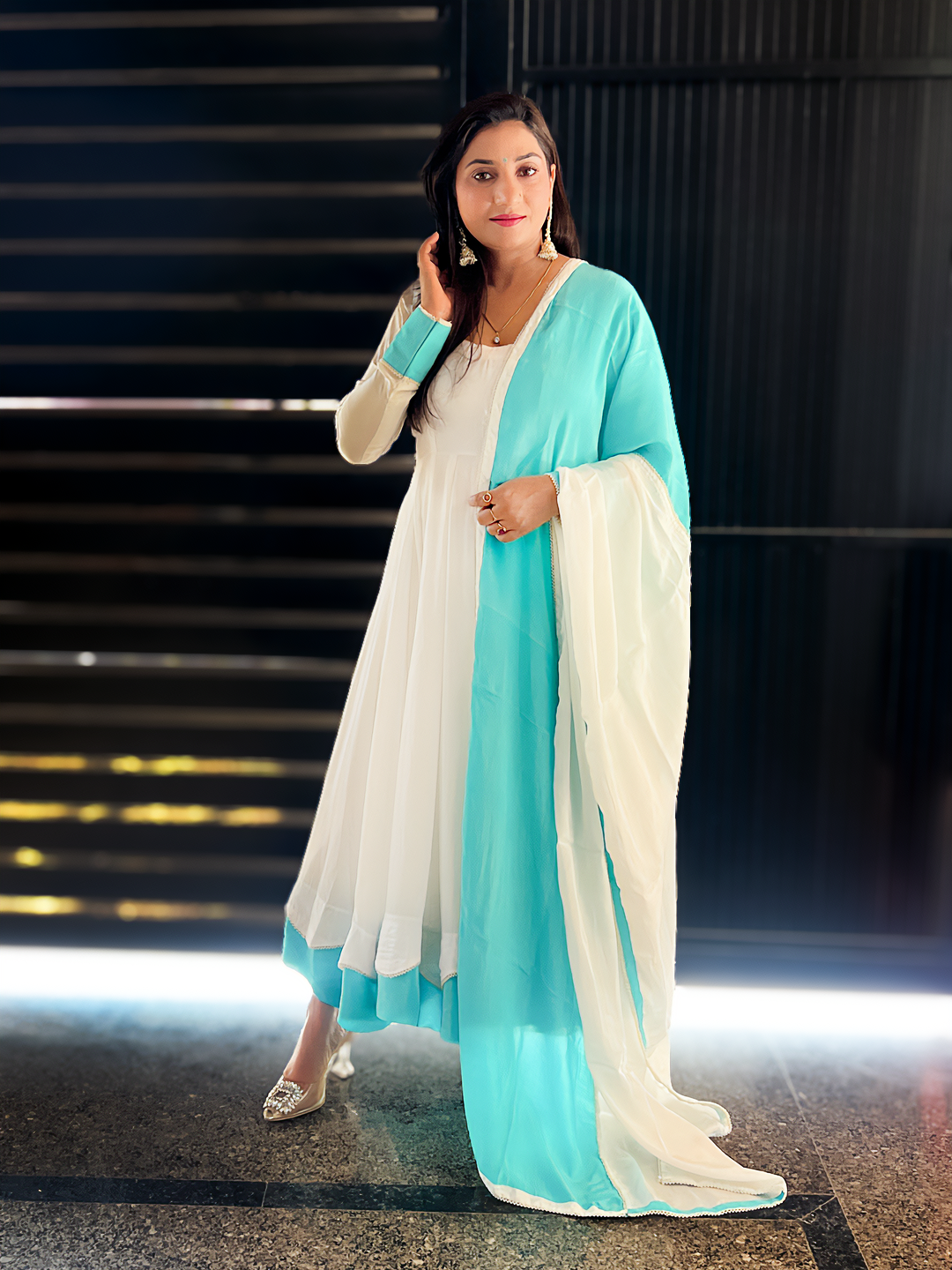 Regal Vanilla & Cyan Contrast Festive Anarkali Suit Set – Bold Ethnic Festive (S–5XL)