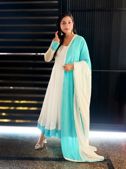 Regal Vanilla & Cyan Contrast Festive Anarkali Suit Set – Bold Ethnic Festive (S–5XL)