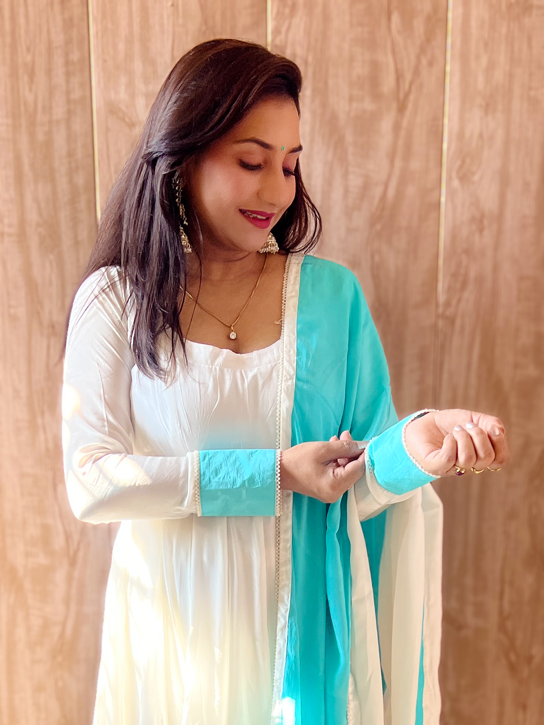 Regal Vanilla & Cyan Contrast Festive Anarkali Suit Set – Bold Ethnic Festive (S–5XL)