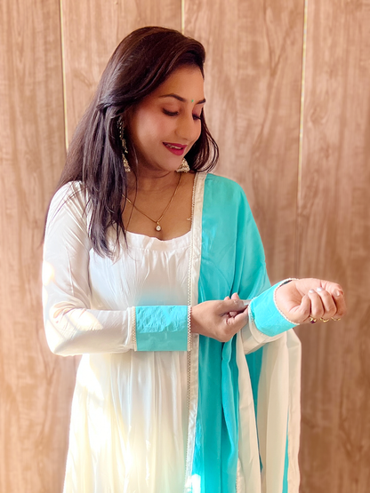 Regal Vanilla & Cyan Contrast Festive Anarkali Suit Set – Bold Ethnic Festive (S–5XL)