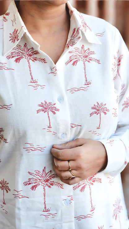 Women’s White Cotton Printed Shirt & Pant Co-ord Set – Palm Print Vacation-to-Office Look (S–5XL)