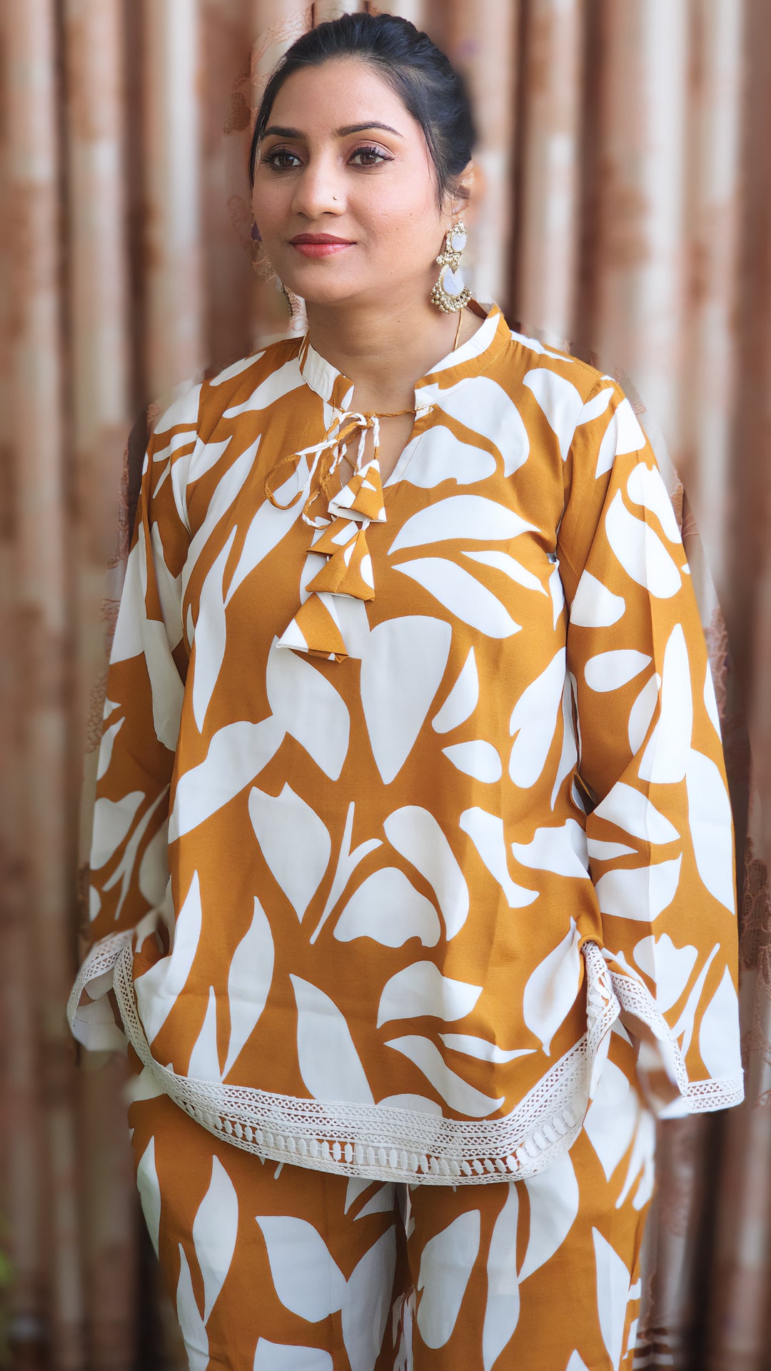 Women’s Printed Top & Palazzo Co-ord Set – Mustard Crepe Fabric- Vacation Vibes (S–5XL)