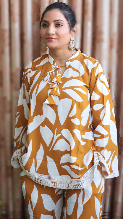 Women’s Printed Top & Palazzo Co-ord Set – Mustard Crepe Fabric- Vacation Vibes (S–5XL)