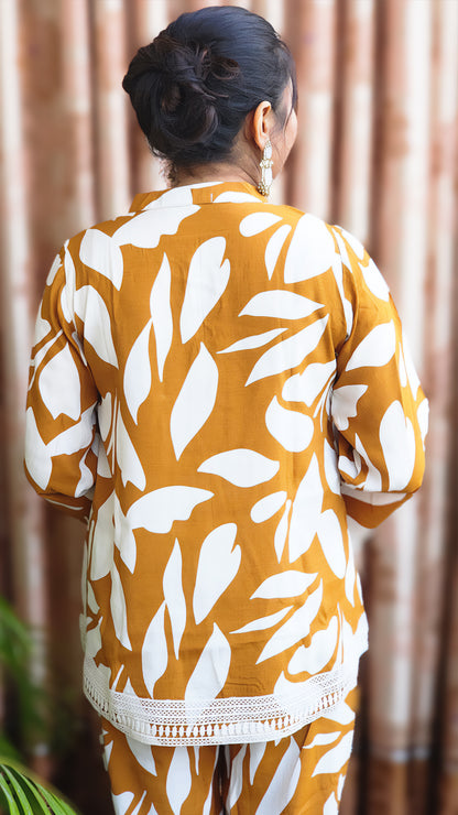 Women’s Printed Top & Palazzo Co-ord Set – Mustard Crepe Fabric- Vacation Vibes (S–5XL)