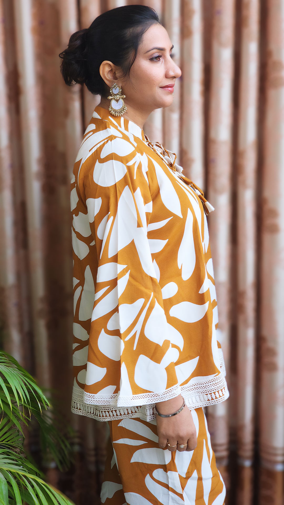 Women’s Printed Top & Palazzo Co-ord Set – Mustard Crepe Fabric- Vacation Vibes (S–5XL)