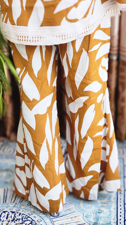 Women’s Printed Top & Palazzo Co-ord Set – Mustard Crepe Fabric- Vacation Vibes (S–5XL)