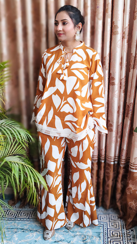 Women’s Printed Top & Palazzo Co-ord Set – Mustard Crepe Fabric- Vacation Vibes (S–5XL)